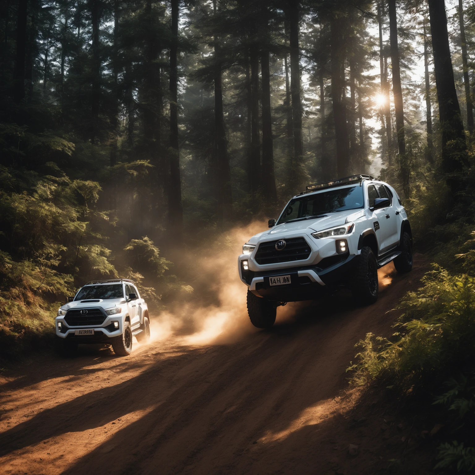 Off-road vehicle photos,A white car,Driving on the road,Car side display,detail强化,blur background/Bokeh,Bright with natural light,Ray Tracing,Sky,红色晚霞Sky背景,forest,Hill in the distance,Highly detailed environments,Low depth of field,HD,detail,8K,lens flare,Sunlight,