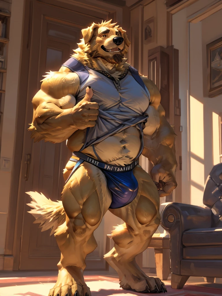 By Taran fiddler, a picture of an adult male, furry canine (golden retriever), golden retriever, dilf, rugged features, stubble beard, slight wrinkles on face, smiling, one man, , a golden retriever undreelf,  loosely wearing white jockstrap, jockstrap halfway down thighs, bulging crotch, hands pulling down jockstrap, stepping out jockstrap, one leg up, flaccid penis, one handg thumbs up, winking, facing viewer, plain living room in bacjground, modern living room background, muted lighting, dynamic angle, dynamic posing