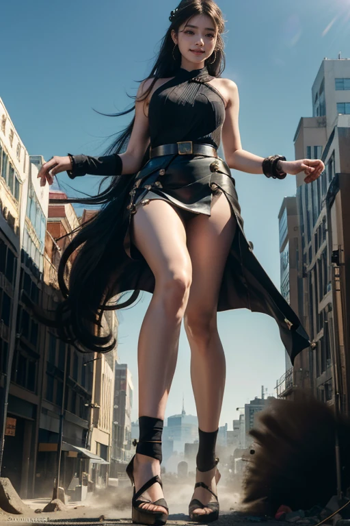 Ground View,giantesscity,giant girl 500 feet high,skyscrapers,Have a pair of ultra long legs,stepping in the crowd,many people in street,a pair of huge breasts,Princess,mini skirt,black silk socks,Has black waist-length hair,Wearing a pair of Mary Jane heels,A look of enjoyment,standing on a ruins,Beautiful appearance,Exquisite makeup,quality,8k,高quality,Perfect proportion, Cinema lighting,film grain,Fuji colors,8k,textured skin,Super details,high detail,high quality,high resolution,explode,fake smile