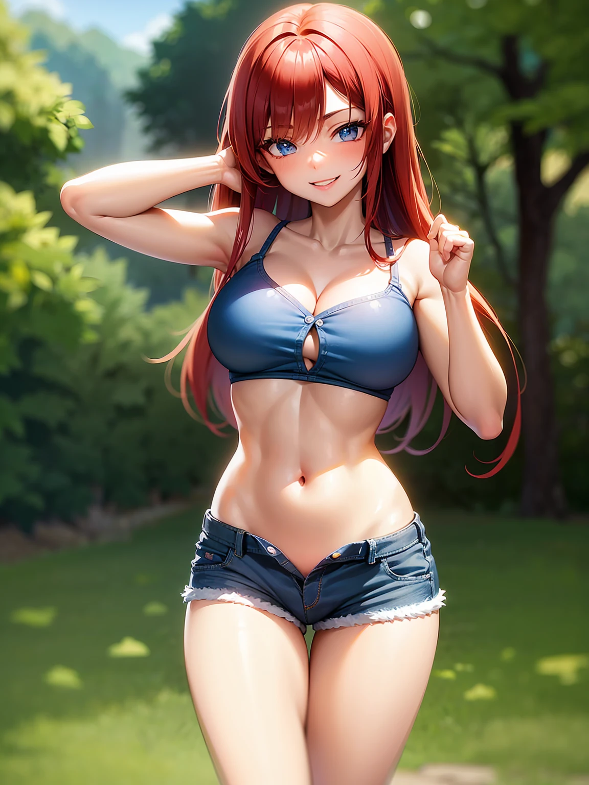 2d, 1girl, solo, sexy young, long hair strong red hair, blue-eyed, Short white shirt with wide shoulders, nsfw, (Bright blue short denim shorts in the pussy and without panties), mirada glad, glad, short brown boots, going, anime style, teasing smile, big breasts, cleavage, underboob