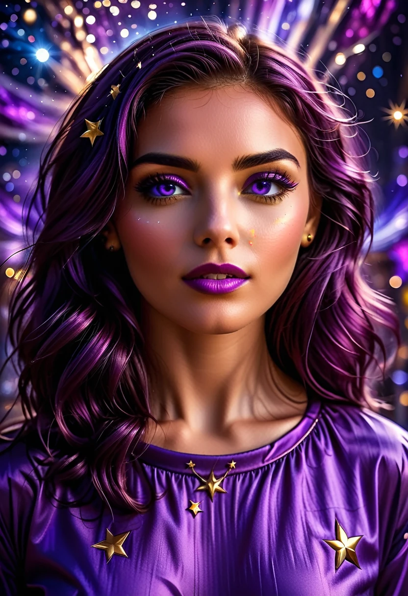a facial close up picture of an astrologist whose ((irises are colored deep blue filled with stars: 1.3)), who divine the future from the stars, an extraordinary beautiful woman, divining the future from the stars, there is magic in her eyes, the ((irises are colored deep blue filled with stars: 1.3)), dynamic hair color, dynamic hair style, she sits near a table, dynamic clothing, dynamic background, vibrant, Ultra-high resolution, High Contrast, (masterpiece:1.5), highest quality, Best aesthetics), best details, best quality, highres, 16k, [ultra detailed], masterpiece, best quality, (extremely detailed), Cinematic Hollywood Film style, Genetically modified..., GlowingRunesAI_purple