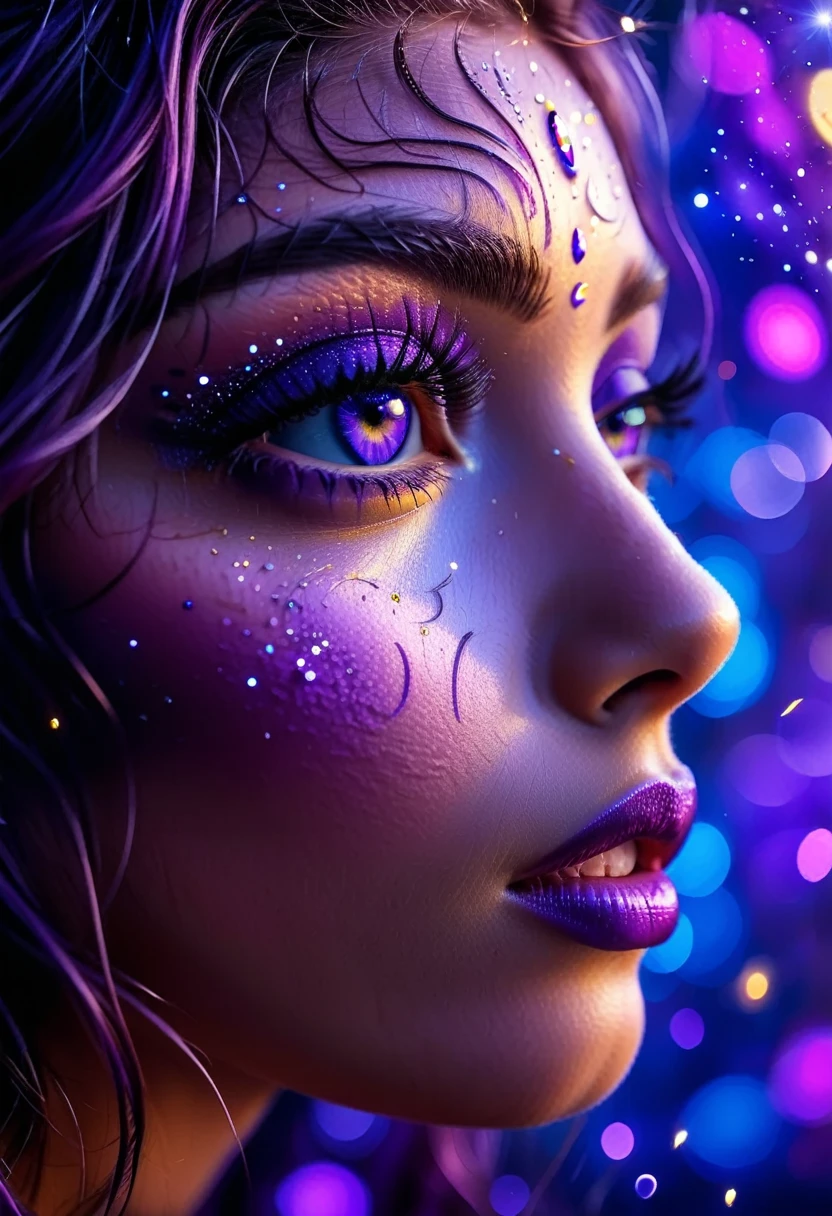 a facial close up picture of an astrologist whose ((irises are colored deep blue filled with stars: 1.3)), who divine the future from the stars, an extraordinary beautiful woman, divining the future from the stars, there is magic in her eyes, the ((irises are colored deep blue filled with stars: 1.3)), dynamic hair color, dynamic hair style, she sits near a table, dynamic clothing, dynamic background, vibrant, Ultra-high resolution, High Contrast, (masterpiece:1.5), highest quality, Best aesthetics), best details, best quality, highres, 16k, [ultra detailed], masterpiece, best quality, (extremely detailed), Cinematic Hollywood Film style, Genetically modified..., GlowingRunesAI_purple