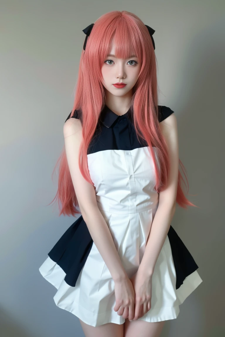 best quality, tmasterpiece,Ultra-high resolution,Clear face,（Reality：1.4），ferpect lighting，(upper body photo), (photorealistic:1.50), anime wallpaper, Guviz style artwork, cover-up fantasy up to magic , by Yang J, Guviz, beautiful artwork illustration, beautiful digital artwork, beautiful digital illustration, Li Song, beautiful anime portrait, art style in Beauvot, 1girl, 独奏, long hair, (pink hair:1.3), hair ornament, black hair ribbon, (maid dress:1.3), sleeveless, standing, 