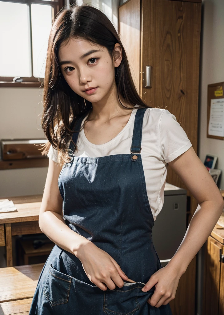 Realistic, photo-Realistic:1.37),(8K, RAW Photos, Highest quality, masterpiece:1.2), Ultra-detailed, 超High resolution, Kodak Vision Color, Filmed with an Arricam LT camera,Highest quality, Lively, 8K, High resolution, Escape, (Professional Lighting), (Portraiture:0.6), Brown Hair,22 years old、slendehildminder、Nursery teacher、Put on an apron、classroom、