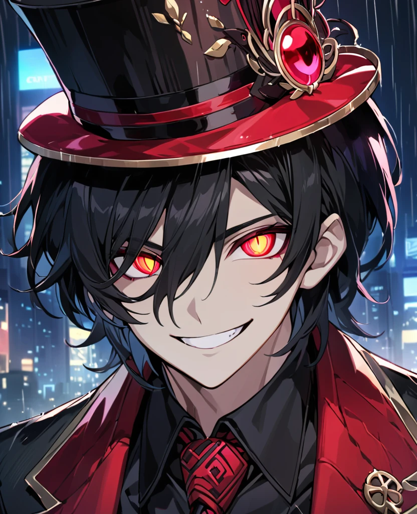  (black_hair), (deep_ruby_eyes), (detailed_eyes), (smile), (attractive), (night_city_background), (raining), (glowing_eyes), (male), (wearing _a_black_suit), (long_male_hair), (detailed_Hair), (detailed), (detailed_mouth), (Vertical_slit_pupils), (top_hat), (close_up)