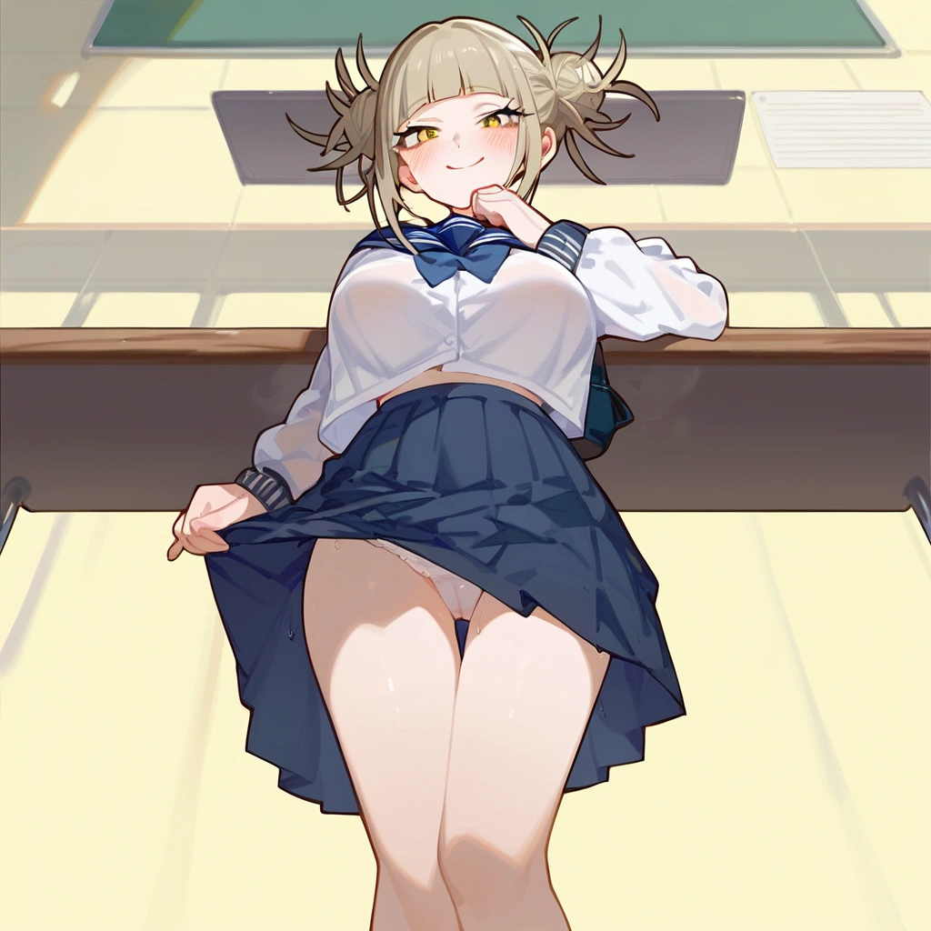 anime artwork, score_9, score_8_up, score_7_up, score_6_up, score_5_up, score_4_up, Himiko toga, big breasts, she is 24 years old, style_3, ,,, yellow eyes , , , , _, , (school outfit:1.2),. at school, visible panties, , cameltoe,wet panties, pussy, see-through, skirt, sit on desk,lifted skirt, below view