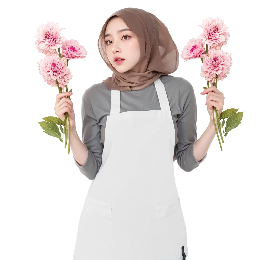 (Best quality, 8k, 32k, Masterpiece, UHaD:1.2),Photo of Pretty Japanese hijab woman, large breasts, oversize crew shirt. embordy logos, white apron, florist apron