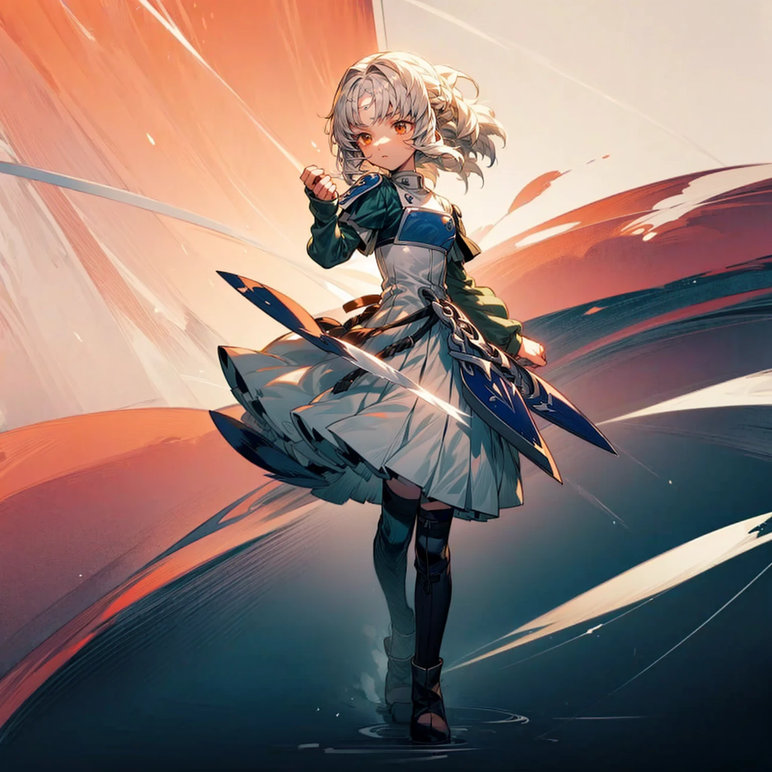 1childern girl, Full body version, 1character, light red eyes color, long classic hairstyle, white colour hair, saber style clothing, Long skirt, long socks, long boots, knife in hand, full background, Grassroots background in village, motion blur, shadow, standing gesture, (Hunter x Hunter style art)