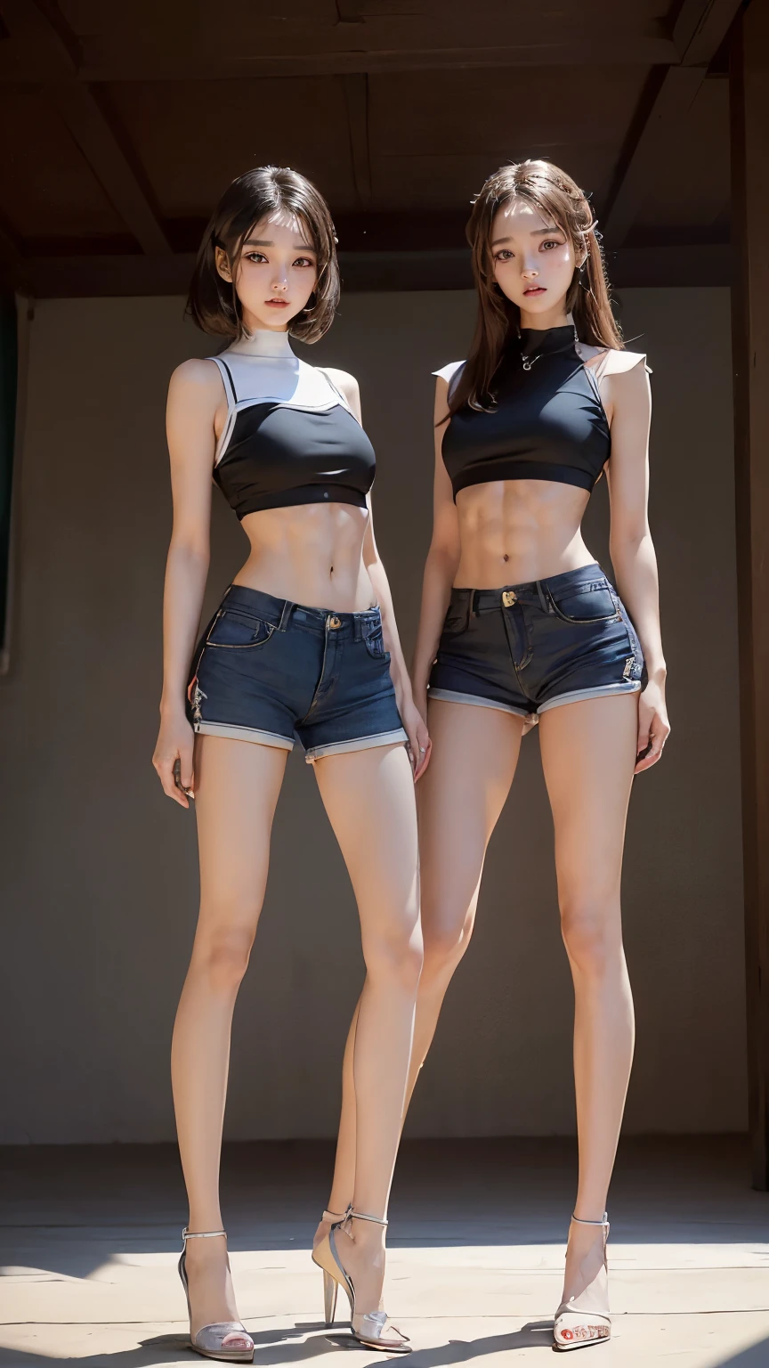 (8K、Raw photo、最high quality、masterpiece:1.5),(((((((Both of them stand with their legs apart:1.9))))))),(((((Both of them have an inseam that is more than half their height.:1.8))))),((Both have bare legs:1.6)),((Both of them are super slim:1.4))，(((((Two girls who look just like WONYOUNG from the k-pop group IVE were photographed:1.9))))),(((They both have super skinny legs:1.6))),(((Both are 173cm tall:1.4))),((Perfect k-pop IVE WONYOUNG style duo:1.4)),(((((Both of them take full body shots:1.8))))),((((Both of you should face your whole body straight ahead.:1.8)))),(((Photographed from below to show the whole body of the legs so that they look longer.:1.7))),Skin irregularities are reproduced in minute detail:1.4, (Super thin waist: 1.2),((超Thin thighs:1.3)), Thin buttocks,Open the navel,１Detailed reproduction of the navel,((Perfect super slim legs:1.3)),(((both of them are the same height:1.3))),(((Both of them have amazingly slim figures.:1.2))),(((Both are wearing micro shorts with a rise of 15cm and an inseam of 1cm.:1.8))),(Both are :1.2),((((Both of them are extremely exposed.:1.7)))),(((((Both of them have super-strong abs:1.9))))),((Both of them were wearing short, form-fitting white sports bras.:1.4)),(((Big boobs but no bra:1.4))),(((Both of them had high, erect nipples clearly visible protruding from under their white sports bras.:1.4))),((((Standing in a fashionable theme park on a sunny day:1.4)))),Highly detailed face and skin texture,(Both of you stand with your legs straight and without bending your knees.:1.3),(((They&#39;re both the same height:1.4))),((Both of them look just like WONYOUNG from the K-pop idol IVE.:1.8)), ((((Sunny afternoon:1.3)))),((cute:1.4)),Both are fair-skinned Asians,,Both of them have beautiful eyes,,Both of them have beautiful eyes,,Both of them have beautiful noses, which are realistically reproduced.,Both of them have realistic eyes.,Both have beautiful mouths,((They both have beautiful fingers)),nail,Both of them have beautiful faces.,Both of their beautiful faces are realistically reproduced.,cute,(Ultra-Realistic Details), Natural Shadows,(Very small hips:1.4),Large firm breasts, Super long thighs,(((超Thin thighs:1.2))),(((Super slim calves))),(Both of them have the slender bodies of well-trained track and field athletes.:1.5),(Super muscular body:1.5),Super toned waist,(Super thin waist:1.3),((White high heels:1.2)),lengthen limbs,(((((Shooting the whole body from calf height:1.6))))),(Both of them have slim, toned ankles.:1.2),((((Wide open abdomen:1.5)))),Hands on hips,Both of them face forward,((Both figures have detailed and clear reproduction of the crotch area.)),((Super long legs:1.3)),Thin thighs,((Both of them have bare legs.:1.6)),((Both of them are showing off their legs in a very extreme way.:1.5),((Both of them are showing off their bellies in an extremely extreme way.:1.4),(Black hair ponytail),(Neither of them wears tights or socks.:1.5),((Both of them stand up straight.)),((Keep your hips facing forward:1.5)),2人とも8頭身スタイルBeauty,The ankles are super thin,The arms are very thin and muscular,Make your arms thinner,(((Clearly reproduces the skin texture of the legs down to the finest detail))),Faithfully reproducing the fingers of the hand,(Both of them have super long legs.),(Accurate reproduction of each finger:1.3),(((Each toe is accurately reproduced:1.2))),The middle of the thighs are very thin,(((Clearly reproduces the muscle texture of ultra-muscular and ultra-thin calf skin))),(((超筋肉質な超Thin thighsの肌の筋肉質感を明確に再現する))),(Very tight waist:1.2),((Both of them have an inseam that is more than half their height.の美脚:1.6)),(Extremely thin thighs:1.3),Beauty,Fine skin,Firm skin,(((Both of them should fit from the top of their heads to the toes of their heels.:1.5))),(((They both have super skinny legsの肌を細部まで忠実に再現する))),(Both of them are super muscular and have super thin legs with realistic skin.:1.3),((Realistically reproduces the fine details of toned, slender leg skin:1.3)),((Dazzling Midsummer)),(((Both of them have super-strong quadriceps:1.6))),(((Both of them have extremely well-trained gastrocnemius and soleus muscles.:1.6))),((2人とも超細くてSuper long legs:1.2)),Front lighting,Super detailed, High detail, high quality, Awards,High resolution,(Anatomically correct:1.5),((((Both of them stand with their legs apart:1.5))))　
