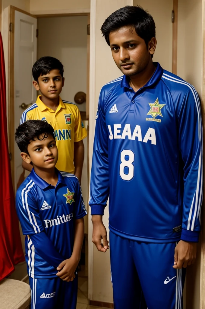 An 11-year-old boy's jersey has the name Jahan on it and the jersey number 28 is Shakib around the boy's room.