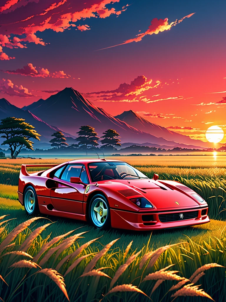 anime landscape of A pearl super strawberry red pearl color classic Ferrari F40 sport sits in a field of tall grass with a sunset in the background.beautiful anime scene, beautiful anime peace scene, Makoto Shinkai Cyril Rolando, beautiful anime scene, amazing wallpaper, anime art wallpaper 8k, anime background, artistic anime background, anime wallpaper 4k, anime art 4k wallpaper, anime wallpaper art 4k,