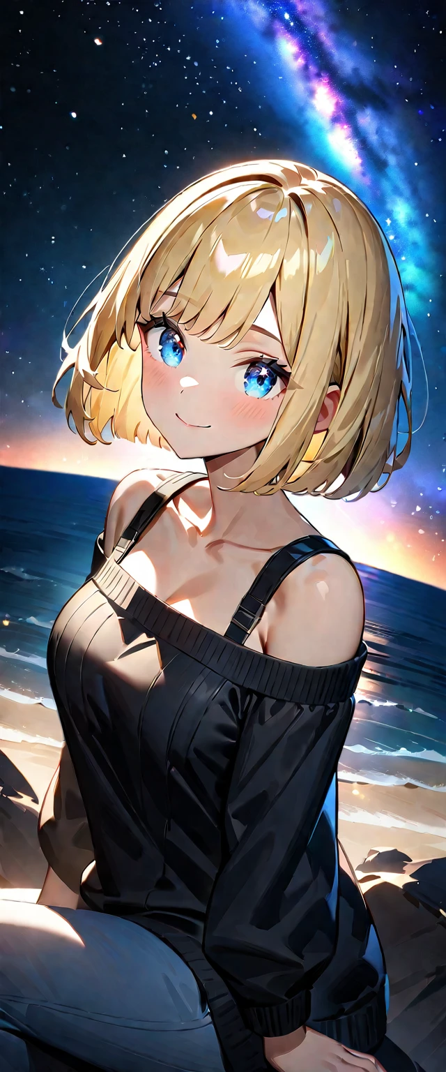 from side, ((happy smile)), ((off-shoulder sweater:1.3, Quite thick shoulder straps)), ((black sweater)), ((Aran sweater)), (((from above))), ((((upper body)))), ((Leaning to side)), (((a beautiful starry sky, the Milky Way shining beautifully in the night))), ((sitting on the very high cliff)), wavy hair, inward curled hair, sea, ((blond hair, bob cut:1.3)), breasts, teenager, (looking at viewer), oversized clothes, puffy long sleeves, collarbone, head tilt:1.3, (((blue eyes))), happy smile, (((anime style))), (best quality, 4K, 8K, highres, masterpiece:1.2, ultra-detailed, ultra-detailed eyes, HDR, uhd, studio lighting, ultra-fine painting, sharp focus, physically-based rendering, extreme detail description, professional, vivid colors, bokeh)