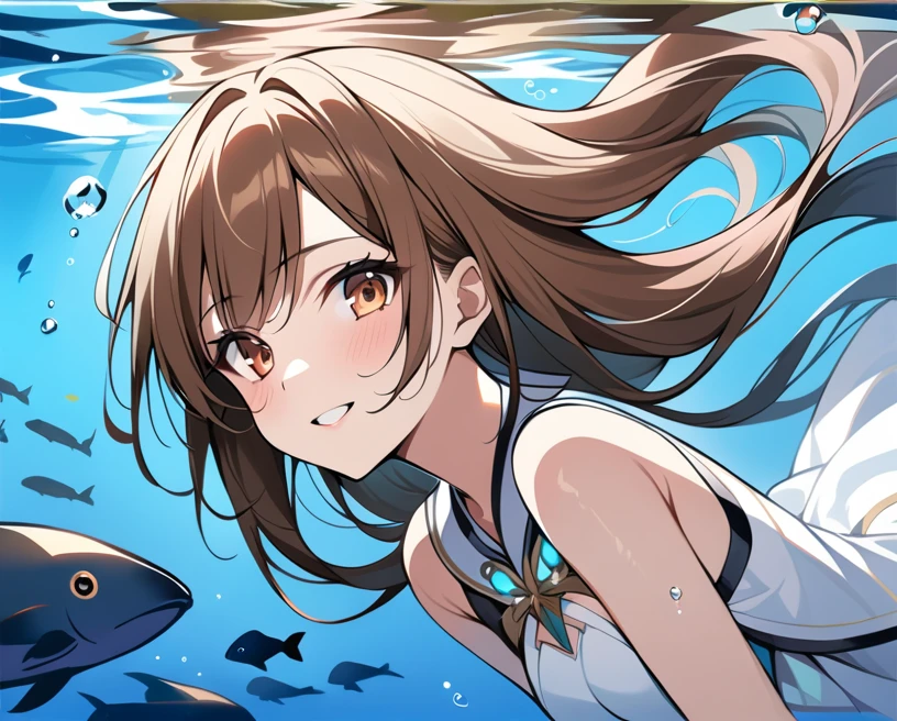 score_9, score_8_up, score_7_up, source_anime,masterpiece, best quality, high resolution, extremely detailed CG, absurdres, 1girl, solo, a beautiful girl, gentle smile, ((under the sea)), (white marble Greek temple under water), a girl floating under water, brown_hair, long_hair, fishs, Tyndall light, under sea, under ocean, underwater, submerged water, deep submersion, landscape