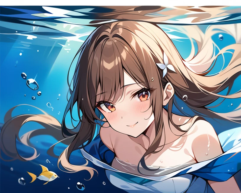 score_9, score_8_up, score_7_up, source_anime,masterpiece, best quality, high resolution, extremely detailed CG, absurdres, 1girl, solo, a beautiful girl, gentle smile, ((under the sea)), (white marble Greek temple under water), a girl floating under water, brown_hair, long_hair, fishs, Tyndall light, under sea, under ocean, underwater, submerged water, deep submersion, landscape