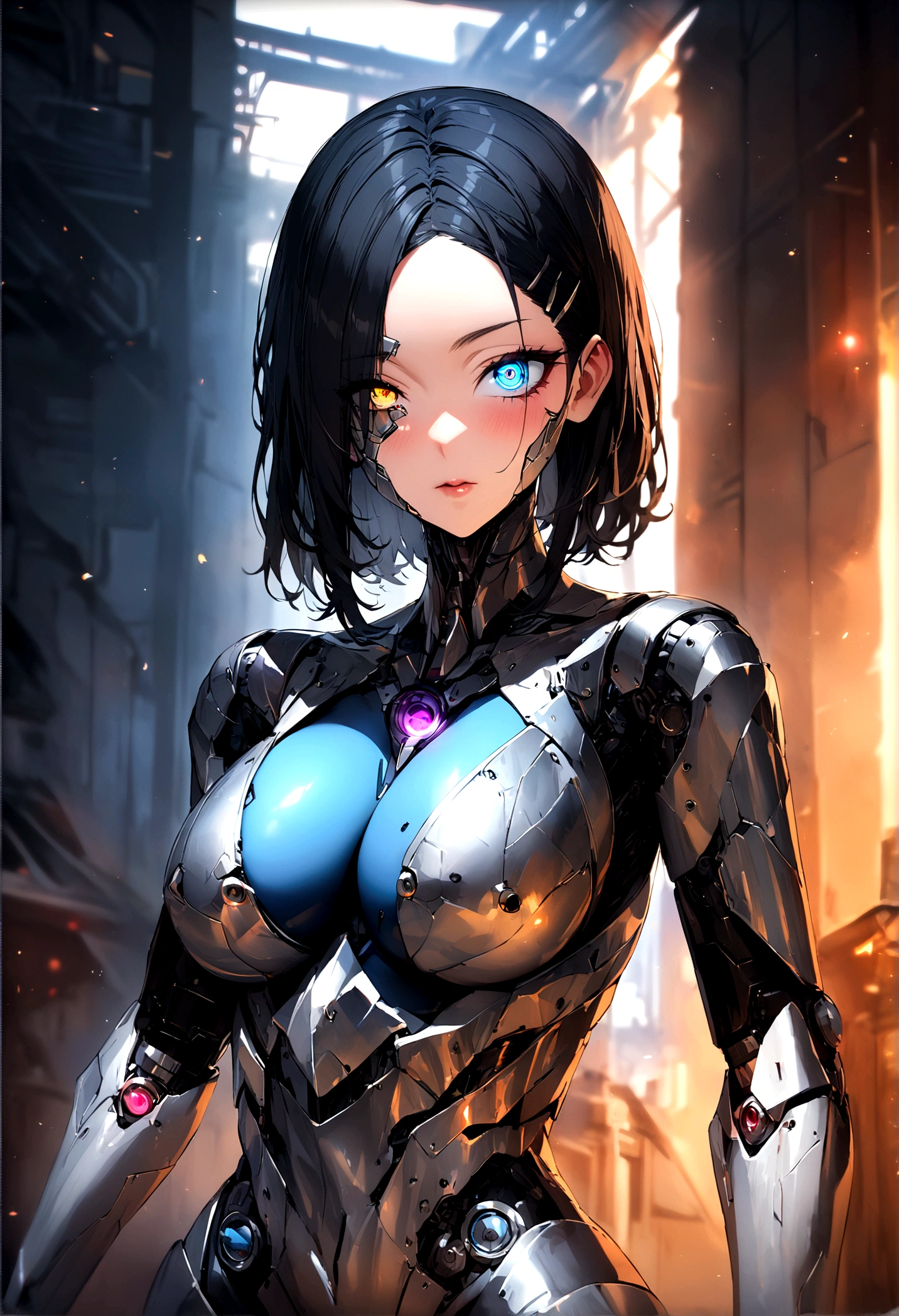 Best Quality, High Detail, 4K, Human, Robot Girl, Android Face(Metal), Steel & Titanium Leather, Robotic Face(With Human Features), Cybernetic Eyes(Hard Eye Circle, Clear Eye Pupil), 1girl, Formal, Perfect Hands(5 fingers), Wig(False Hair), Big Breasts, Bionic Armor, Full-Length, Whole Body, Masterpiece Body,