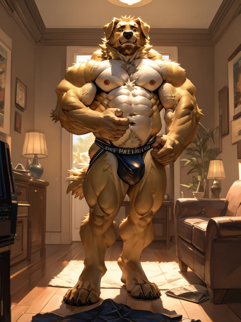 By Taran fiddler, a picture of an adult male, furry canine (golden retriever), golden retriever, dilf, rugged features, stubble beard, slight wrinkles on face, smiling, one man, naked, a golden retriever undressing himself, loosely wearing white jockstrap, jockstrap halfway down thighs, bulging crotch, hands pulling down jockstrap, stepping out jockstrap, one leg up, flaccid penis, one hand doing thumbs up, winking, facing viewer, plain living room in background, modern living room background, muted lighting, dynamic angle, dynamic posing