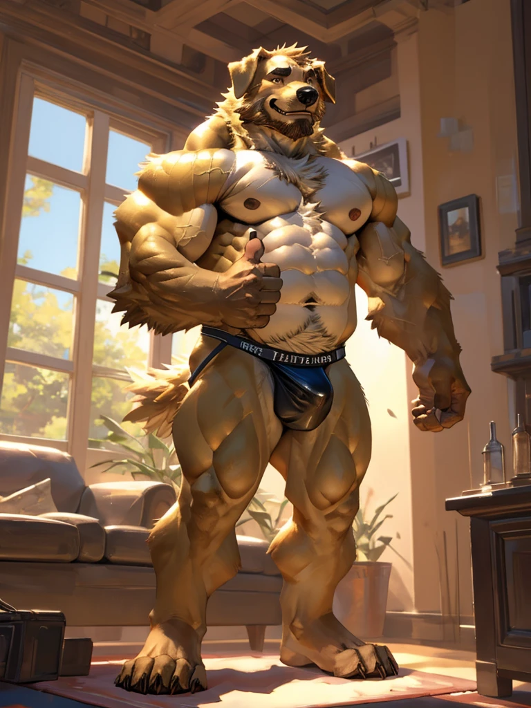 By Taran fiddler, a picture of an adult male, furry canine (golden retriever), golden retriever, dilf, rugged features, stubble beard, slight wrinkles on face, smiling, one man, naked, a golden retriever undressing himself, loosely wearing white jockstrap, jockstrap halfway down thighs, bulging crotch, hands pulling down jockstrap, stepping out jockstrap, one leg up, flaccid penis, one hand doing thumbs up, winking, facing viewer, plain living room in background, modern living room background, muted lighting, dynamic angle, dynamic posing