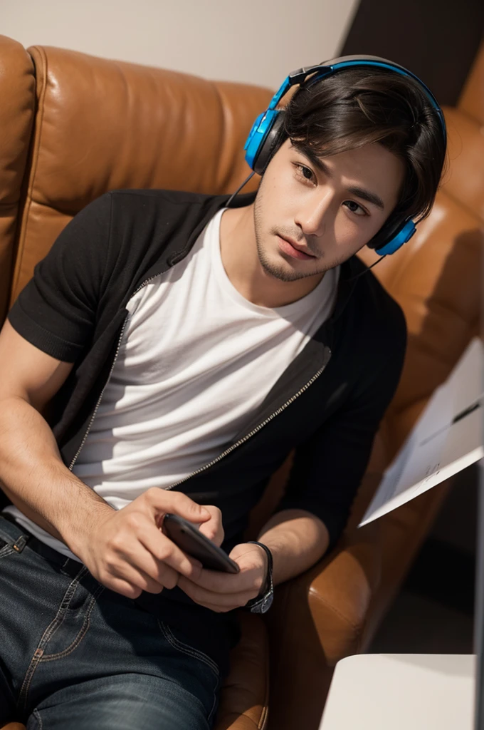 A handsome boy playing games with a phone in his hand and he is wearing headphones
