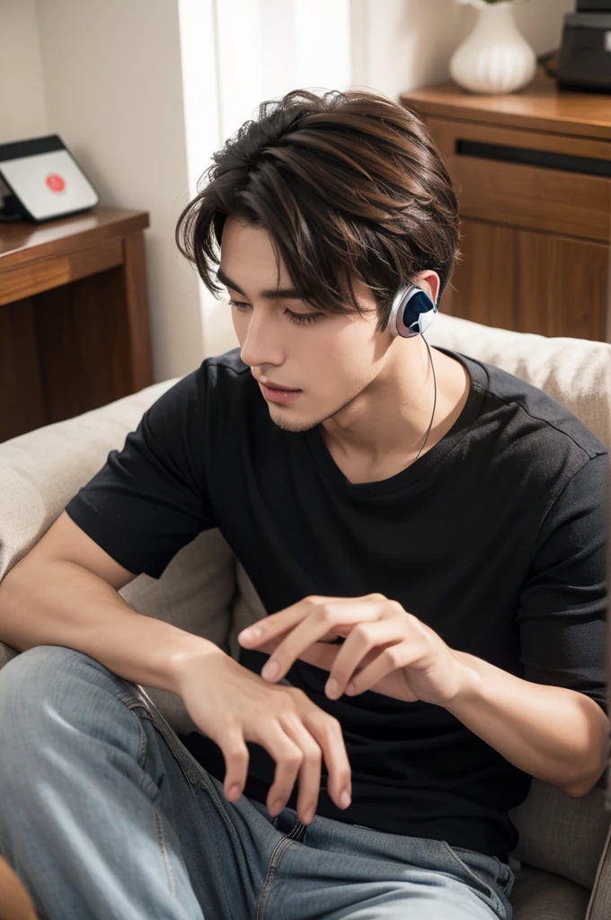 A handsome boy playing games with a phone in his hand and he is wearing headphones 