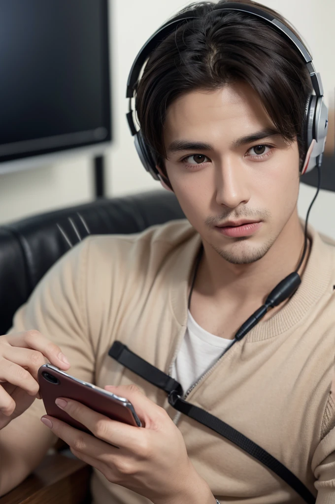 A handsome boy playing games with a phone in his hand and he is wearing headphones 