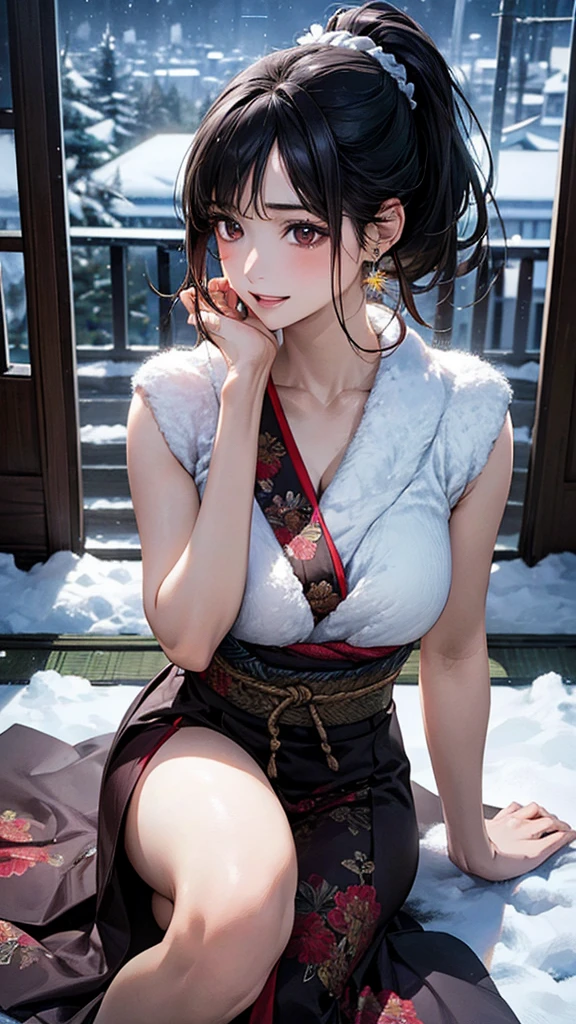(masterpiece:1.2, Highest quality), (Realistic, photoRealistic:1.4), Beautiful illustrations, (Natural Side Lighting, Cinema Lighting), Browsing Caution,
View your audience, 1 Beauty, Japanese, 30 years old, Warrior、Japanese style、Black tones、 Perfect Face, Symmetrical face, Shiny skin, (Perfect ???????, Anatomically correct, Highly detailed skin)、
(Medium Hair, Black Hair、ponytail), Swept-apart bangs, Dark brown eyes, Droopy eyes, Long eyelashes, (Large Breasts:0.8), The body is slim,
Beautiful Hair, Beautiful Face, Beautiful attention to detail, Beautiful clavicle, Beautiful body, Beautiful breasts, Beautiful thighs, Beautiful legs, Beautiful fingers,
(Beautiful views,snow), night、(smile, Please open your mouth a little),