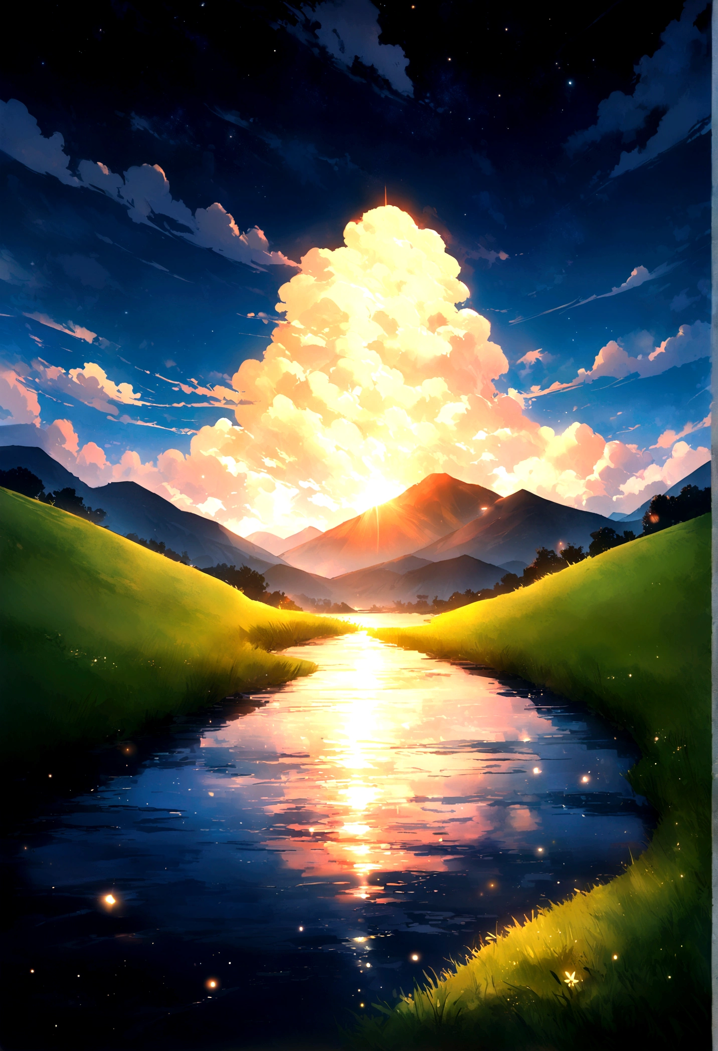 , river, Beautiful sunset, Big Cloud, Green grass, sad, Stars can be seen through the clouds, space, A ray of sunshine illuminates the world, masterpiece, Mountain々