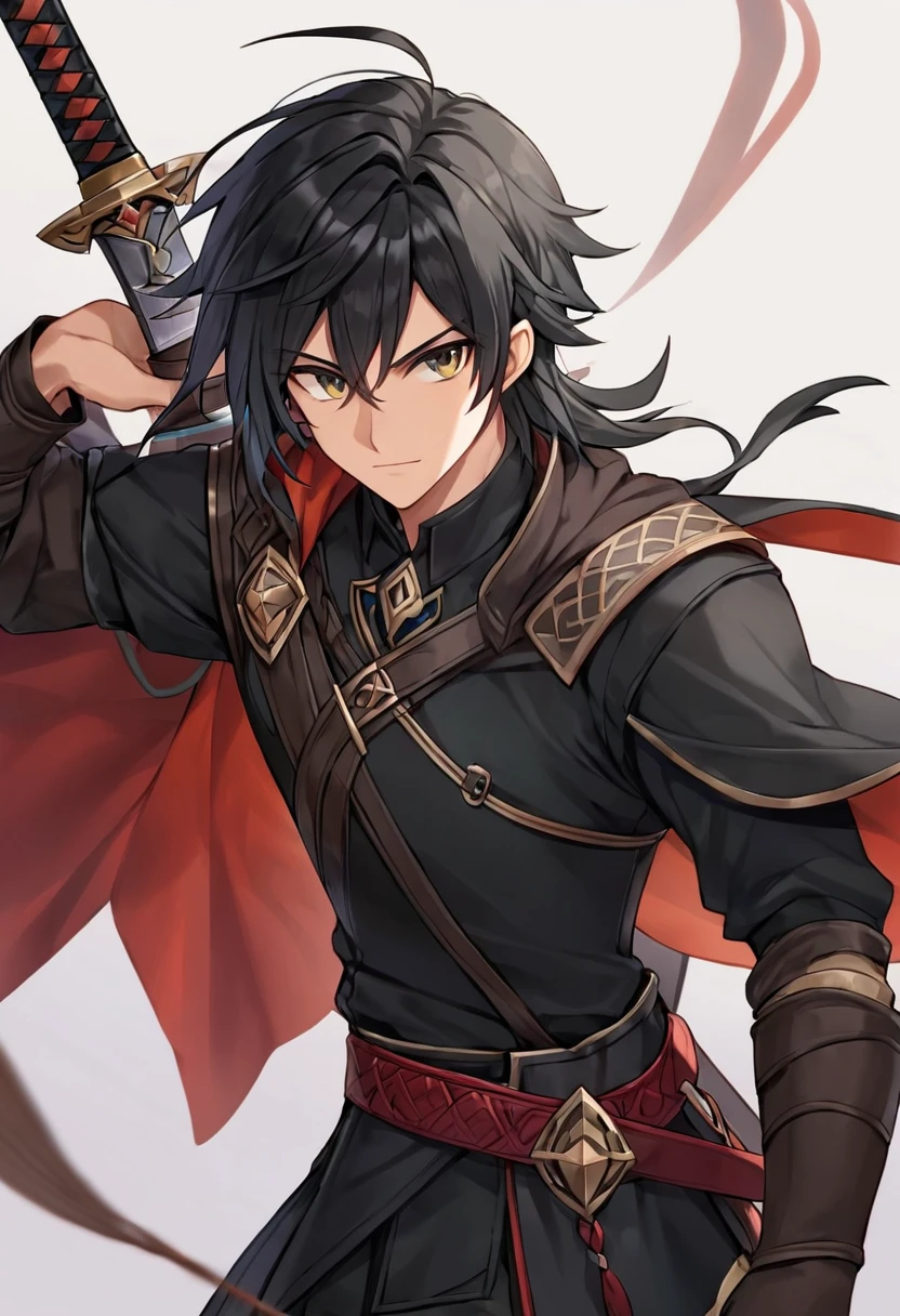 human male, dnd, adventurer, black hair, black cloth, sword, tan skin