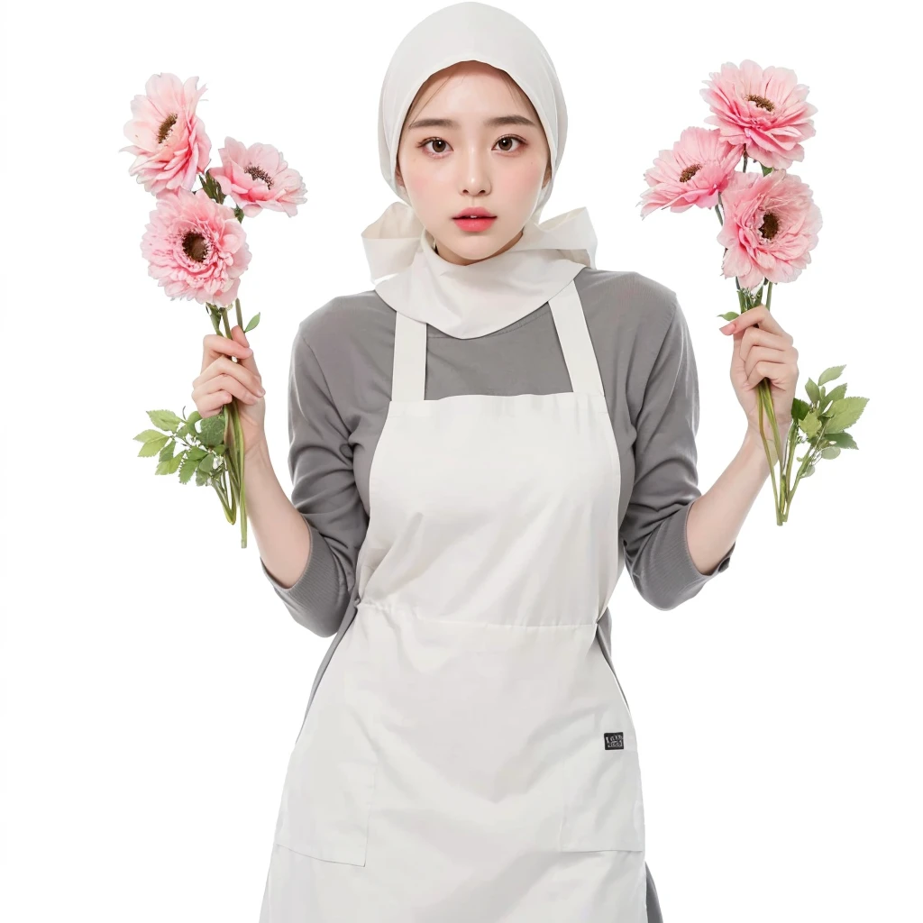 (Best quality, 8k, 32k, Masterpiece, UHaD:1.2),Photo of Pretty Japanese hijab woman, large breasts, oversize crew shirt. embordy logos, white apron, florist apron