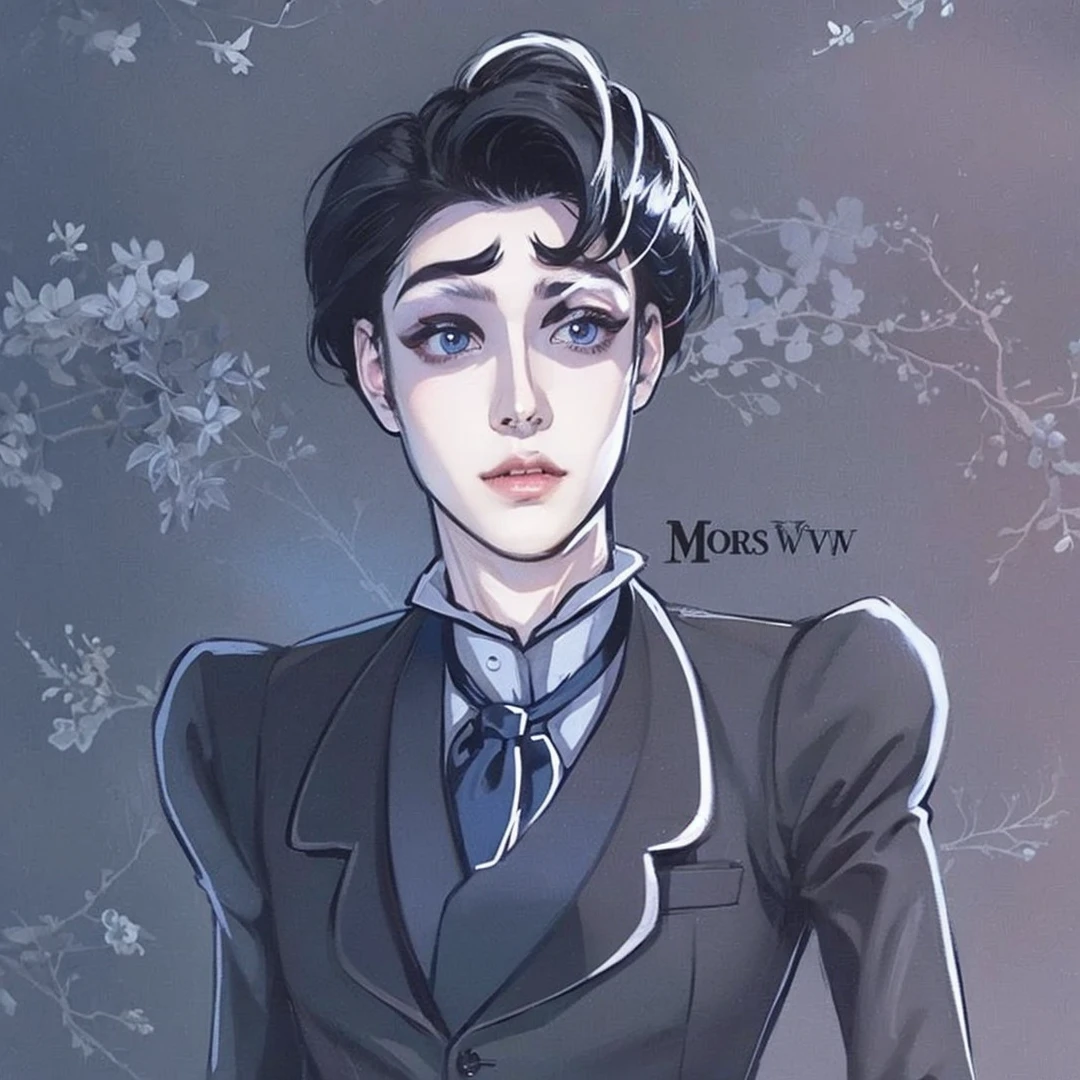 Handsome boy, black hair, brown eyes, wearing black formal with blue necktie