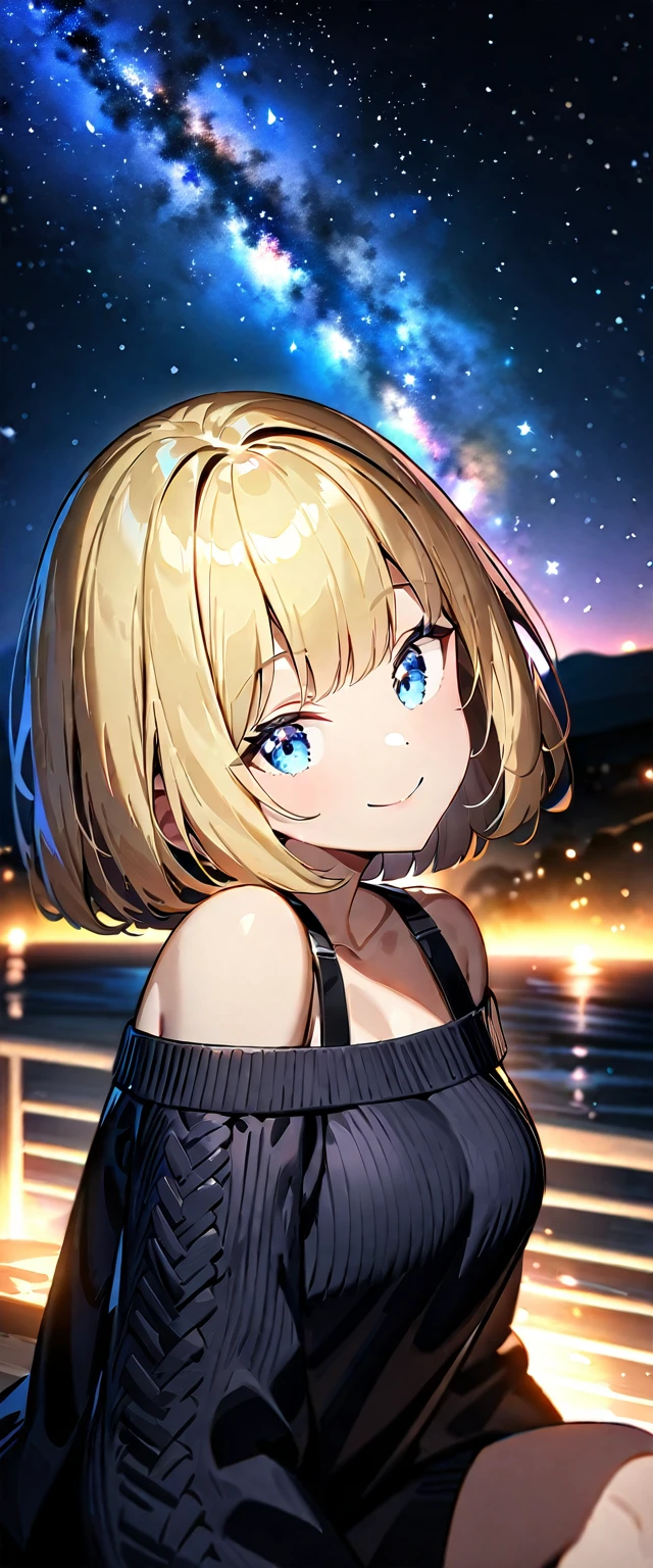 from side, ((happy smile)), ((off-shoulder sweater:1.3, Quite thick shoulder straps)), ((black sweater)), ((Aran sweater)), (((from above))), ((((upper body)))), ((Leaning to side)), (((a beautiful starry sky, the Milky Way shining beautifully in the night))), ((sitting on the very high cliff)), wavy hair, inward curled hair, sea, ((blond hair, bob cut:1.3)), breasts, teenager, (looking at viewer), oversized clothes, puffy long sleeves, collarbone, head tilt:1.3, (((blue eyes))), happy smile, (((anime style))), (best quality, 4K, 8K, highres, masterpiece:1.2, ultra-detailed, ultra-detailed eyes, HDR, uhd, studio lighting, ultra-fine painting, sharp focus, physically-based rendering, extreme detail description, professional, vivid colors, bokeh)