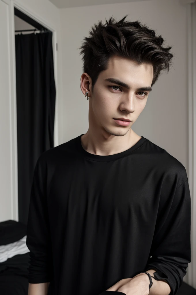 Young slim guy selfie, with black clothes, loose t-shirt, pale skin, messy hair, eyebrow earring, realist, looking to the camera, background a bedroomYoung slim guy selfie, with black clothes, pale skin, messy hair, eyebrow earring, realist, looking to the camera, background a bedroom