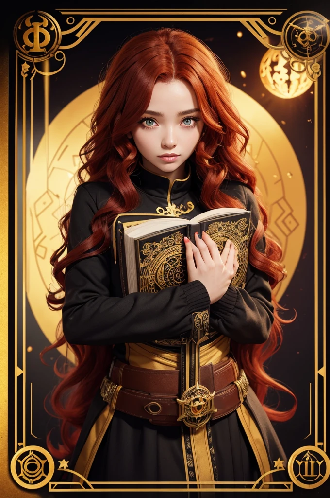  black woman with wavy red hair and golden eyes, holding a grimoire full of stickers 