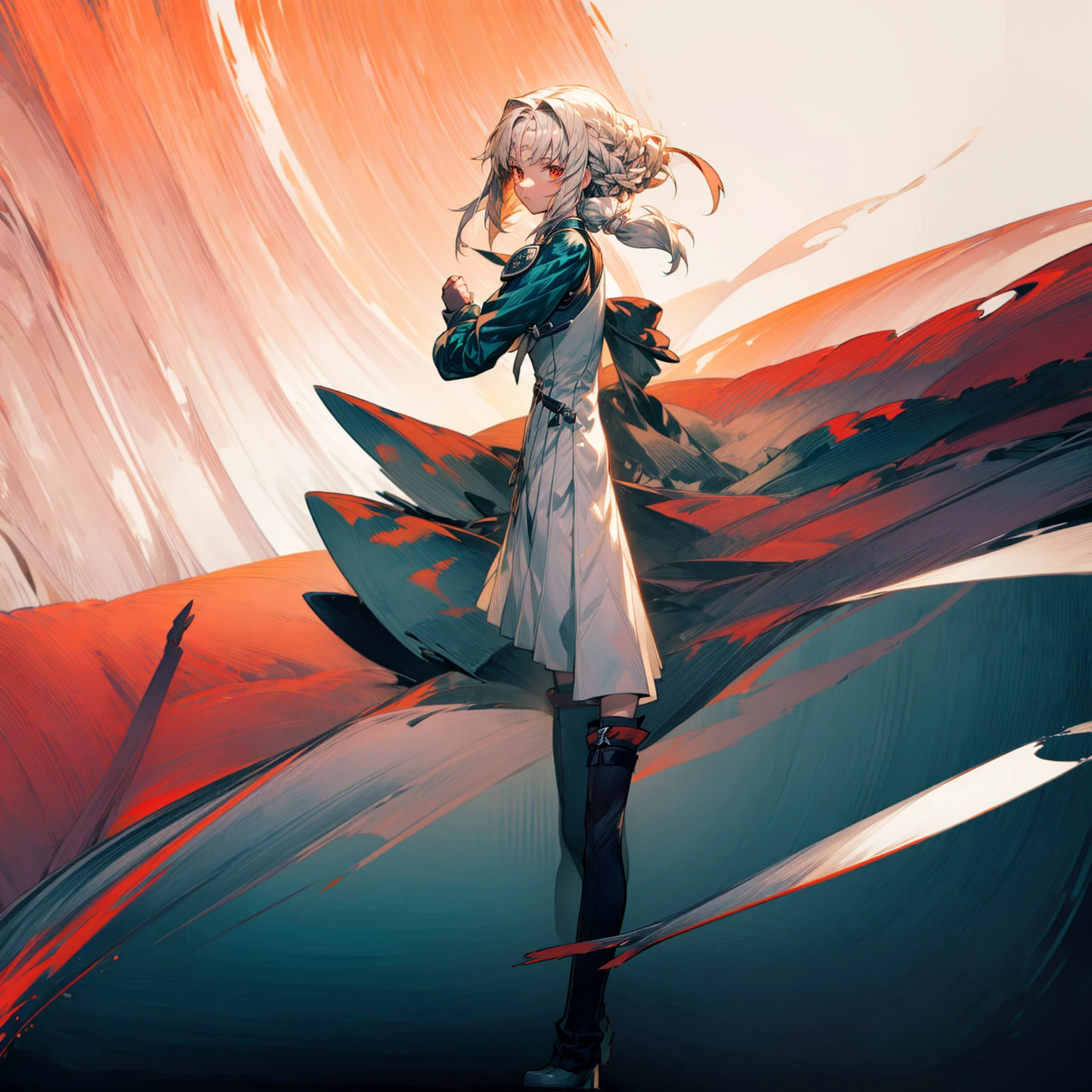 1childern girl, Full body version, 1character, light red eyes color, long classic hairstyle, white colour hair, saber style clothing, Long skirt, long socks, long boots, knife in hand, full background, Grassroots background in village, motion blur, shadow, standing gesture, (Hunter x Hunter style art)