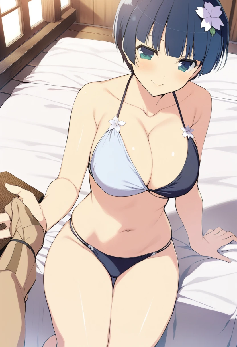 masterpiece, best quality,
yozakura (senran kagura), 1girl, breasts, solo,
short hair, blue hair, flower, blue eyes, large breasts, hair ornament,
hair flower, navel, midriff, bare legs, cleavage, emblem, smile,
bikini,
pov,