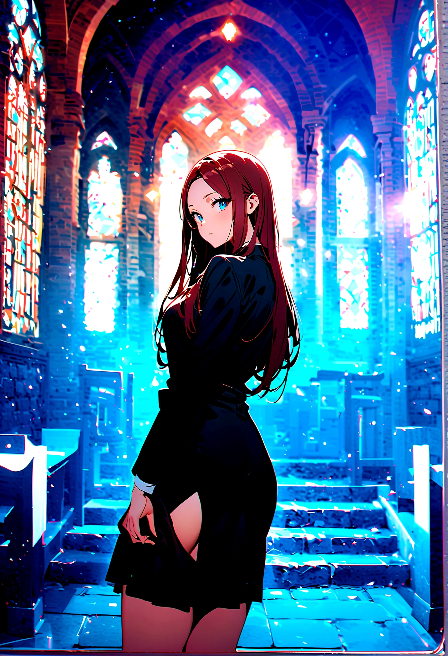 (best quality)(1 female,single,Long hair,Bright hair,blue eyes,Sexy body ,Black suit shirt,Black skirt,Turn your head and look at the audience,ยืนอยู่ในchurch,Beautiful Lights.(church, Look in the mirror, Detailed background (Low light pollution)) Looking Back
