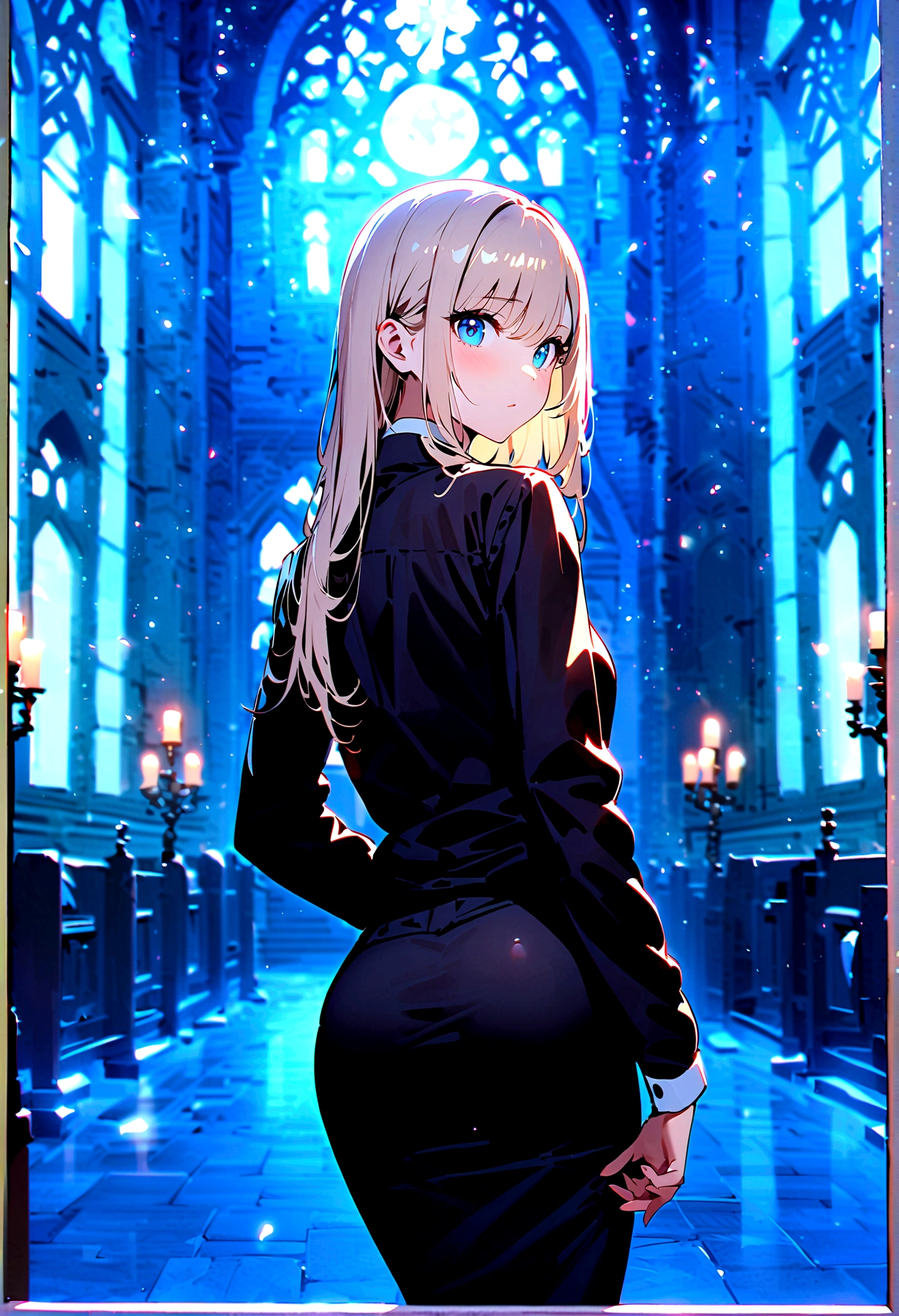 (best quality)(1 female,single,Long hair,Bright hair,blue eyes,Sexy body ,Black suit shirt,Black skirt,Turn your head and look at the audience,ยืนอยู่ในchurch,Beautiful Lights.(church, Look in the mirror, Detailed background (Low light pollution)) Looking Back