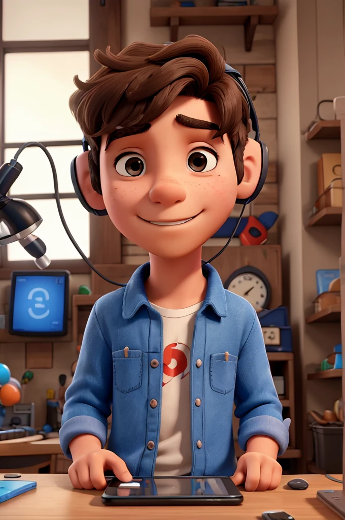 A handsome boy playing games with a phone in his hand and he is wearing headphones 