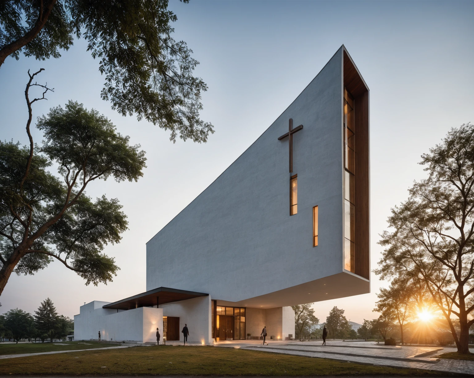 raw photo, best quality, ultra realistic, masterpiece, best quality skin, photography hd, dslr,
tcs, httlvn, modern church, road, people, house, facade design, outdoors, church, white walls, cross on top,
Dusk, sunshine,
View from a tree, dof view,