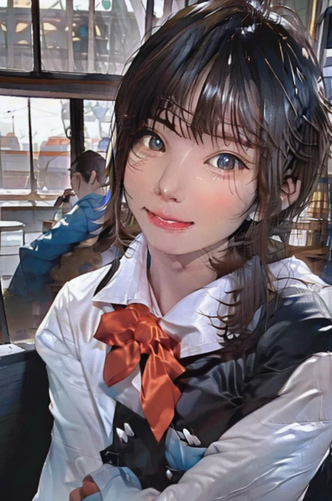 A female college student studies while listening to music in a cafe in Tokyo。Sit in the window seat、Looking at the rainy night view。Emotional。
