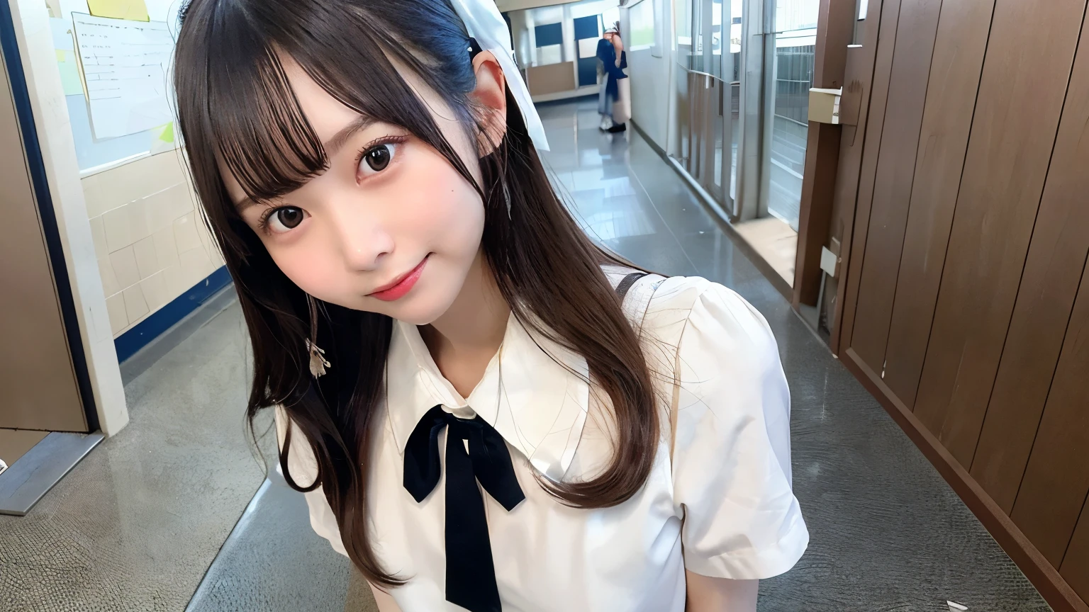School corridor,Angle from the front,Japanese,Female student,Brown eyes,Semi-long hair,Dark brown hair,Blushing、White short sleeve blouse,Ribbon tie,school uniform,Check Pleated Skirt,mini skirt,White socks,Black Loafers,cute,Full Body,smile