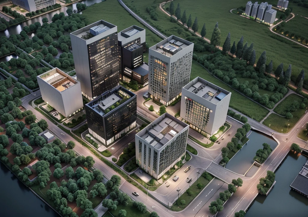 Skyscraper office building with green trees at night, High-tech environment, clear focus illustration hq, hq very detailed, The above points, skyscraper forest community, City, There is a river in the distance, City建筑亮化, High field of view, High-rise buildings,masterpiece,High Detail,HD resolution,8K,Crisp, high-quality rendering