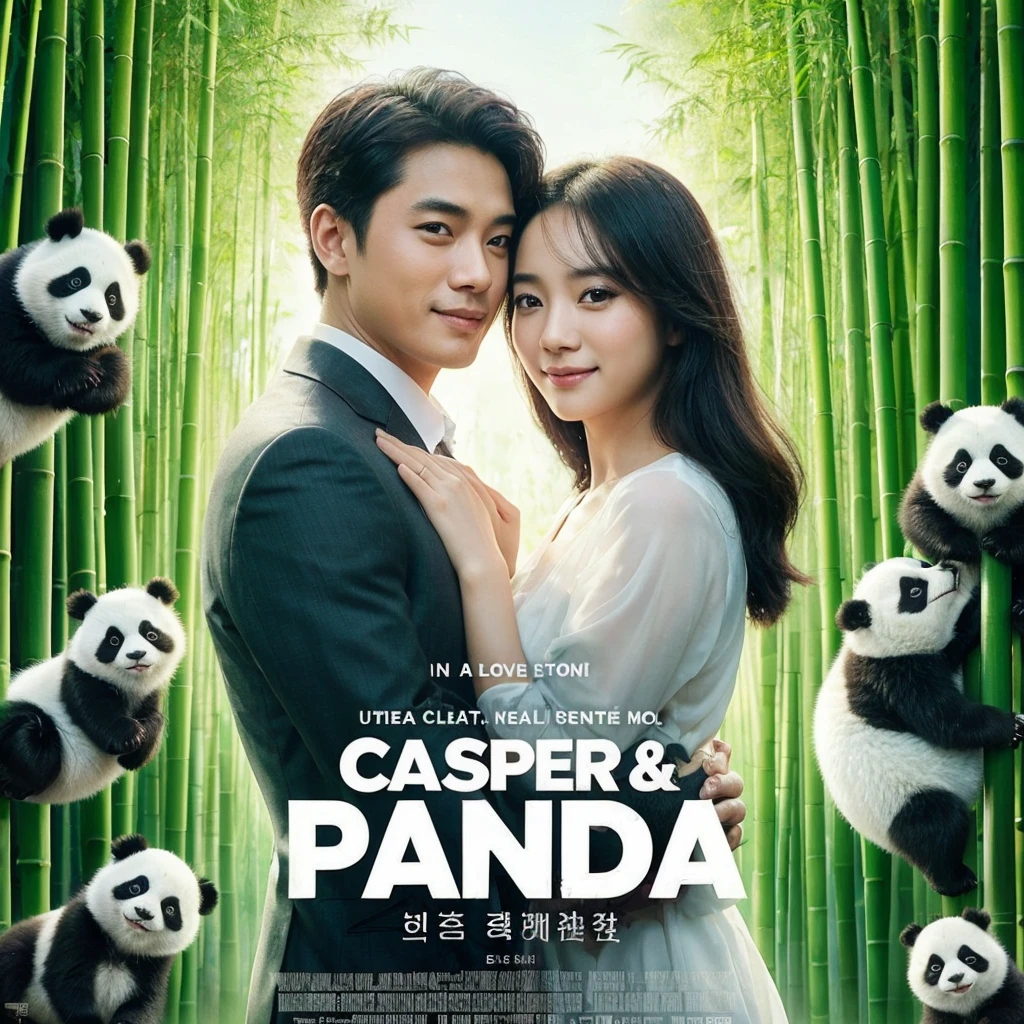 a movie poster about the love story of the movie title (casper & panda) This title name is located at the bottom. In the poster there is a romantic picture, a handsome Indonesian man with a Korean face in a suit, and a beautiful Indonesian woman with a Korean face is hugging, a thin happy smiling face looking at the front, background of green bamboo trees, there are several pandas around the bamboo. the picture is very clear,Real, realistic 32k