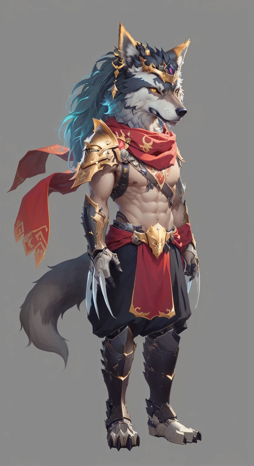 Close-up：A person wearing a costume with a wolf on his head, Anthropomorphic wolf male, Wolf Armor, Anthropomorphic wolves, detailed Whole body concept, Anthropomorphic wolf, an Anthropomorphic wolf, Furry Characters, Anthropology Concept Art, Hero fantasy character concept, detailed Whole body concept art, Whole body concept