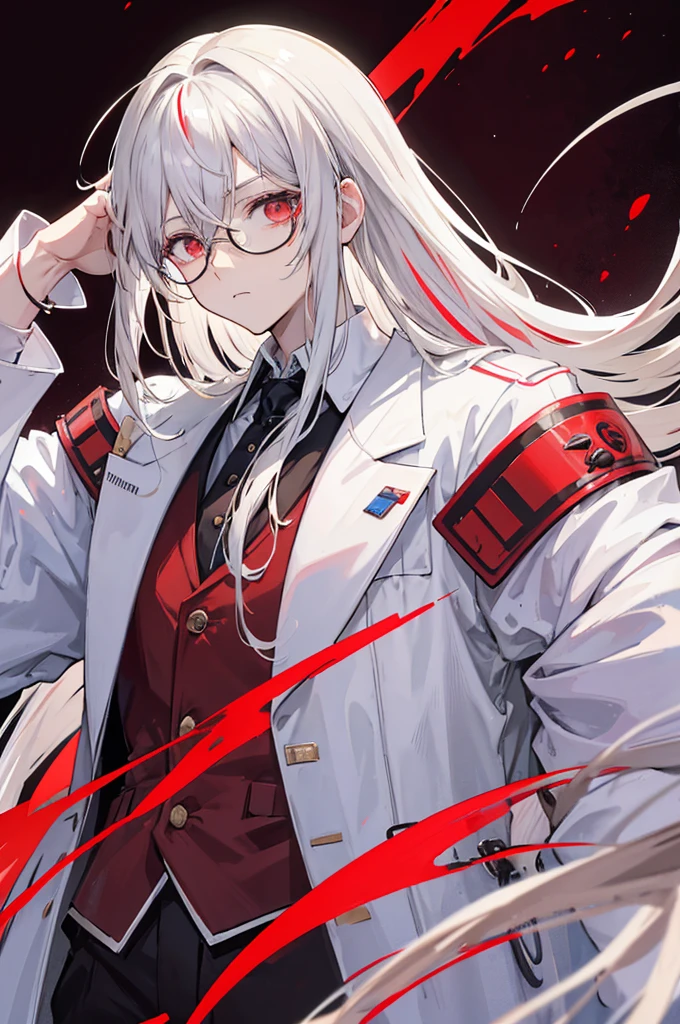 Anime style, male scientist, tall, glasses, brown shoulder length hair with white tips in his hair, white hair tips, the tips of his hair are white, blood on his hands, scalpal in one of his hands covered in blood, , handsome, scary. cold. blood over his lab coat