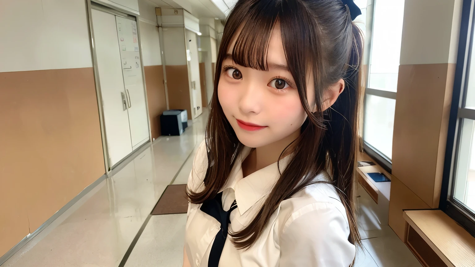 School corridor,Angle from the front,Japanese,Female student,Brown eyes,Semi-long hair,Dark brown hair,Blushing、White short sleeve blouse,Ribbon tie,school uniform,Check Pleated Skirt,mini skirt,White socks,Black Loafers,cute,Full Body,smile