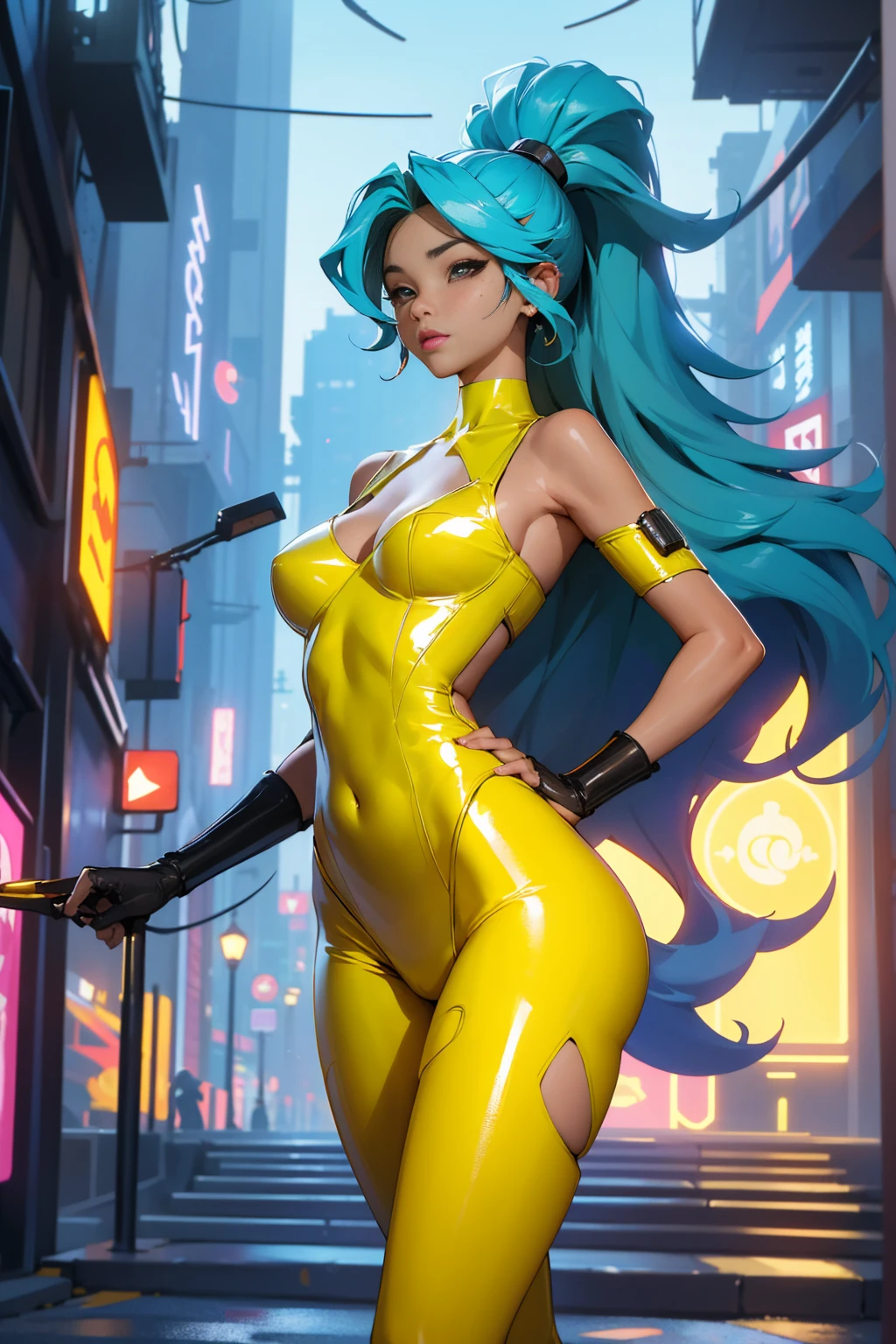 (best quality:1.2,highres,ultra-detailed),, expressive brown eyes, luscious lips, long flowing blue hair, (skimpy yellow outfit), (revealing cleavage), confident and sexy pose, (cyberpunk-inspired city background), neon lights illuminating the scene, vibrant colors, (futuristic and edgy atmosphere), stylish and sleek architecture, dynamic angles and composition, (sci-fi and anime fusion), perfect beauty