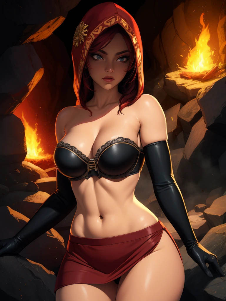 Dsorceress, redhair, shadowy face,dark cave, fire, hood, shadowed face, strapless bra, slim and athletic body, miniskirt, no panty, elbow gloves, dark skin, 1 girl (insanely detailed, masterpiece, best quality)
