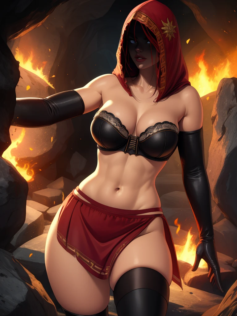 Dsorceress, redhair, shadowy face,dark cave, fire, hood, shadowed face, strapless bra, slim and athletic body, miniskirt, no panty, elbow gloves, dark skin, 1 girl (insanely detailed, masterpiece, best quality)