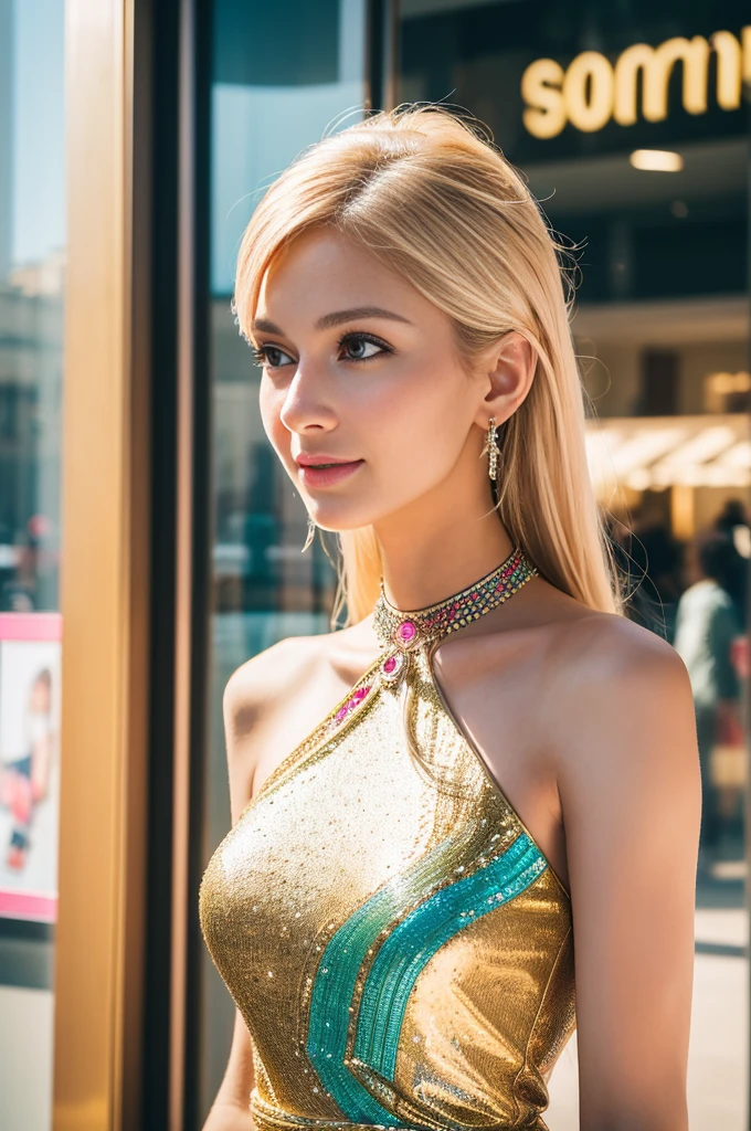 (best quality, 4k ,8k, highres, masterpiece:1.2), ultra-detailed, (realistic, photorealistic, photo-realistic:1.37), closeup, beautiful Italian woman, beautiful smile, long lashes, beautiful makeup, platinum blonde hair, fair skin, slender figure, elegant posture, wearing large sparkling colorful jewelery, wearing a business style leather dress, standing in a large shopping mall, gentle sunlight shining through the shopping mall windows, casting a soft glow on her face, adding warmth to the scene, vibrant colors, capturing the essence of vibrant city life, portrait style, showcasing her natural beauty and grace in a feminine way