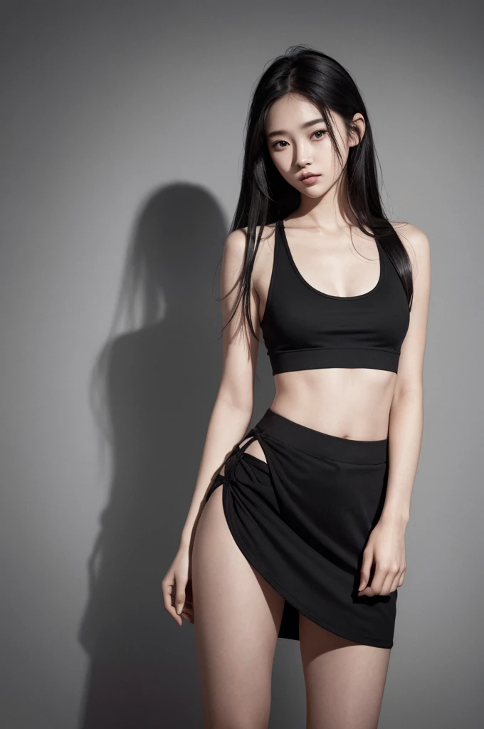 20 year old girl, black tank top, black skirt, long hair, high contrast (Natural skin texture, Hyperrealism, Soft Light, sharp), portrait, standing, kpop